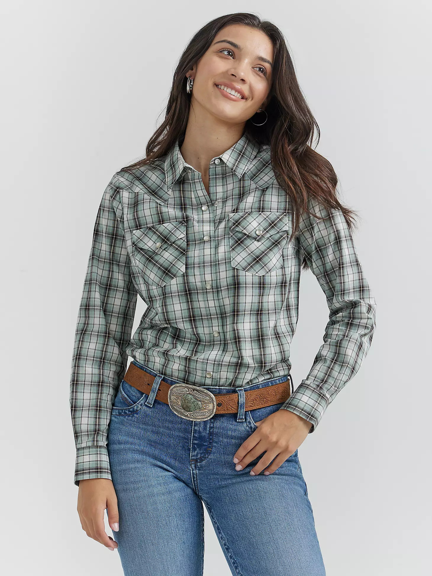 Women's Essential Long Sleeve Plaid Western Snap Top in Seafoam | Wrangler