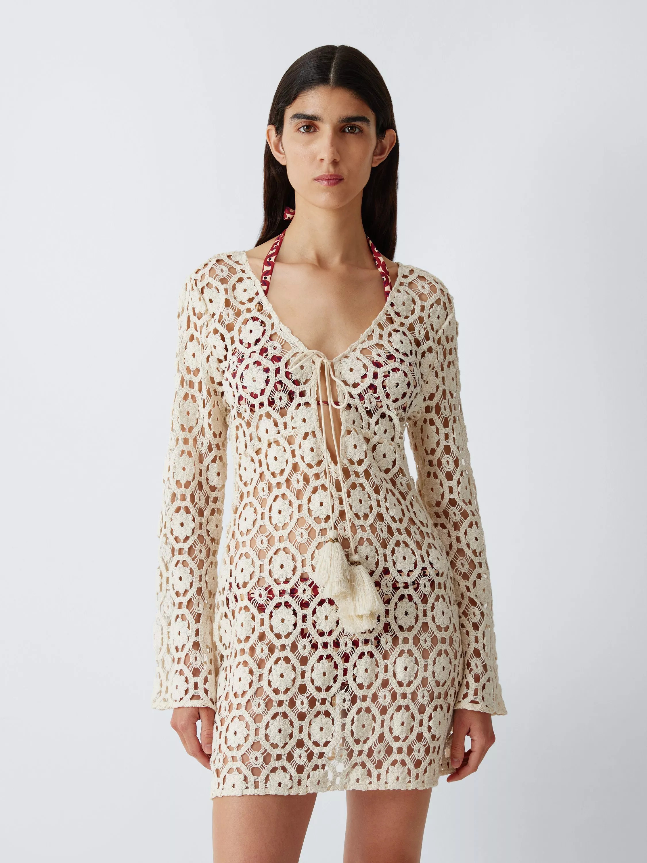 John Lewis Sorrento Crochet Mini Beach Dress, White | John Lewis (UK)