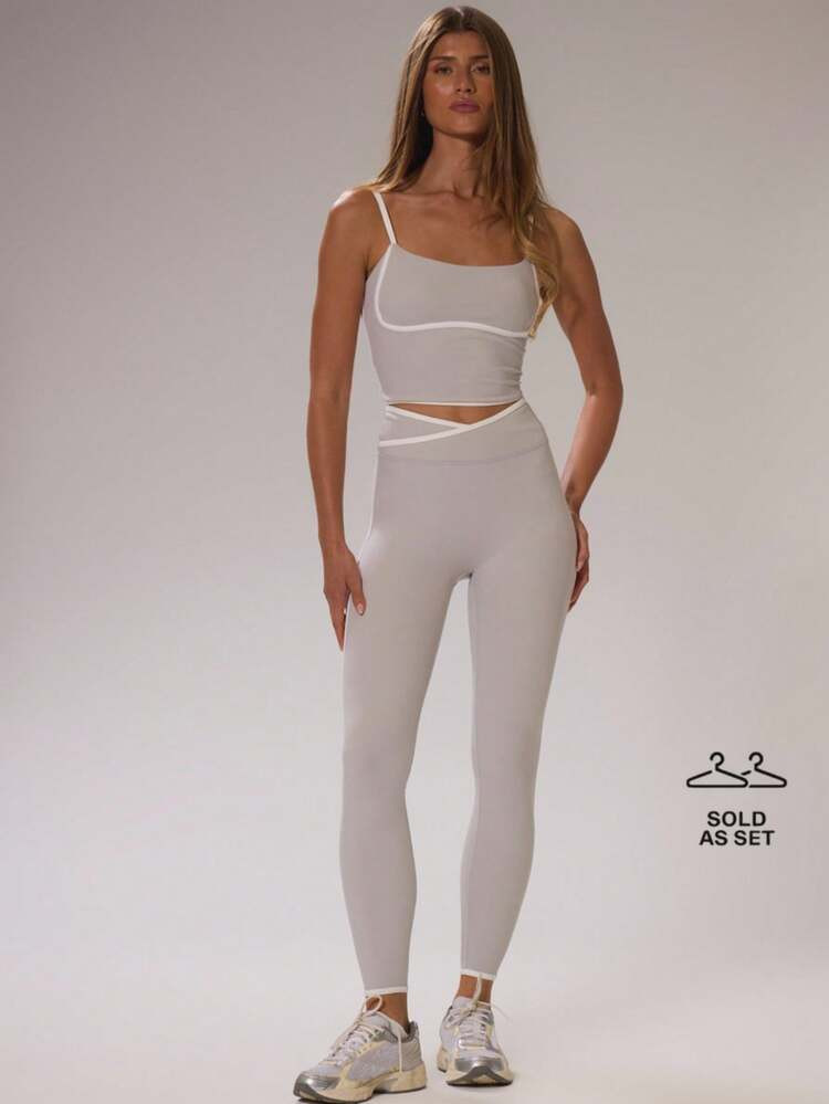 Musera Sport Sport Kontrast Paspelierung anliegendes Crop Top und Crossover Hoher Taille Leggings... | SHEIN