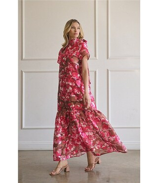 Sugarlips Mersin Sheer Floral Jacquard Organza Mock Neck Short Sleeves Tiered Hem Shift Maxi Dres... | Dillard's