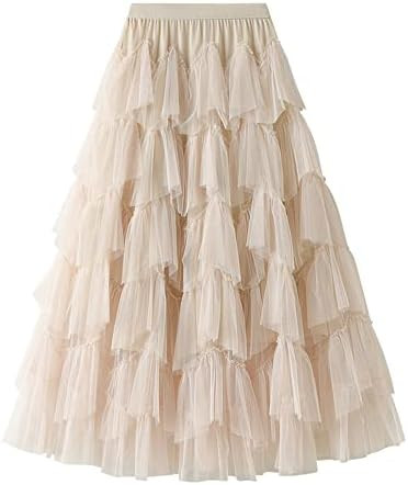 Dirholl Women's A-Line Fairy Patterned Elastic Waist Ruffle Tulle Layered Midi Skirt | Amazon (US)