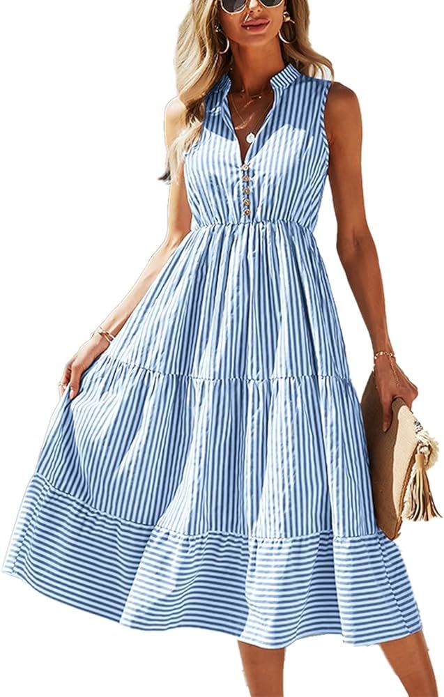 Women's Shirt Dresses Sleeveless V Neck Midi Dress Striped Pleated Ruffle Tunic Tops Casual Dress... | Amazon (US)