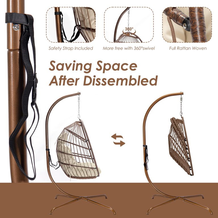 Nicesoul Foldable PE Wicker Brown Hanging Egg Chair With Stand Swing Chair With Cushion and Pillo... | Walmart (US)