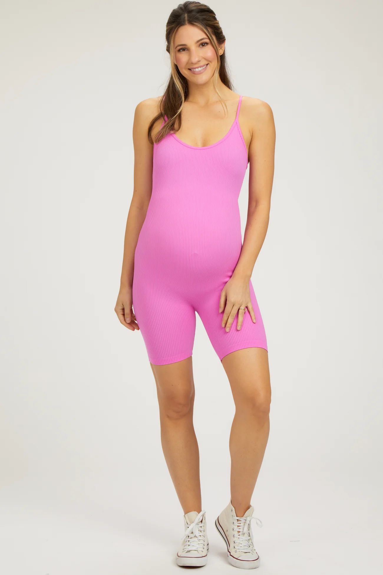 Fuchsia Ribbed Biker Short Maternity Romper | PinkBlush Maternity