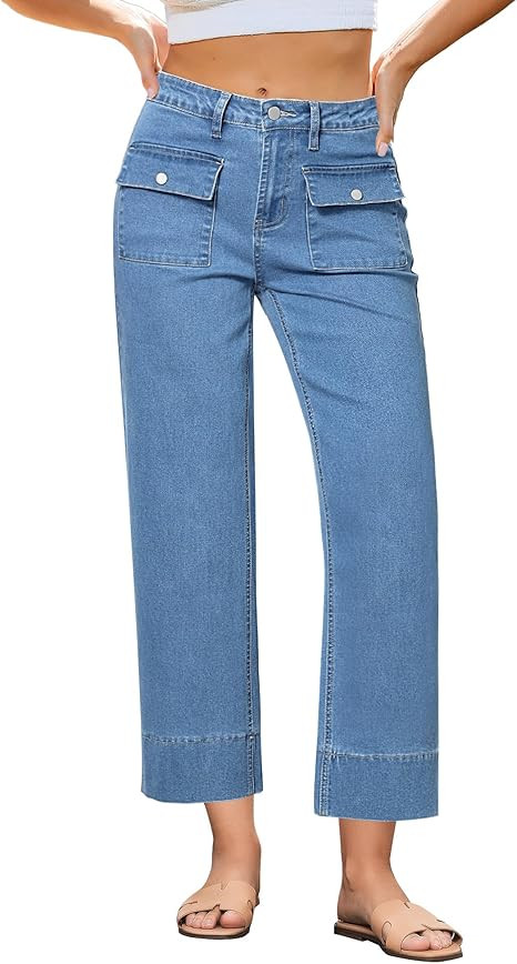 GRAPENT Wide Leg Jeans for Women Trendy High Waisted Straight Leg Cropped Stretchy Denim Pants wi... | Amazon (US)