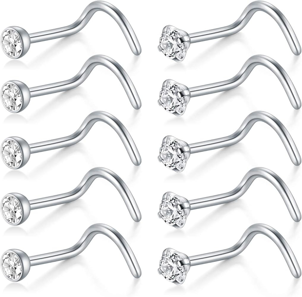 D.Bella Nose Rings 10Pcs 18G Nose Screw Rings Studs Surgical Steel Piercing Jewelry 2mm Clear CZ ... | Amazon (US)