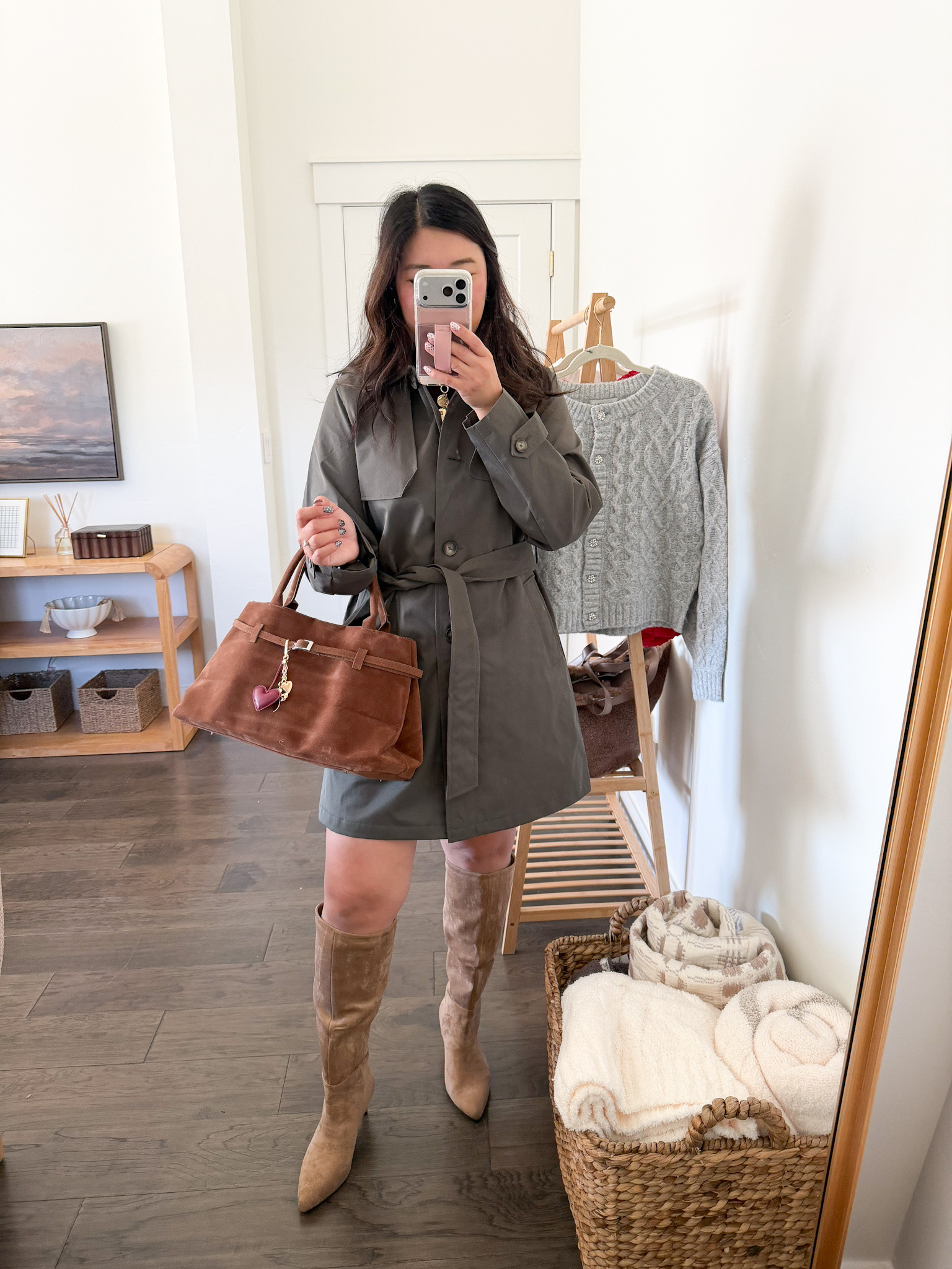 Walmart Trench Coat: Medium
Look for less brown suede bag
Boots are wide calf friendly! 