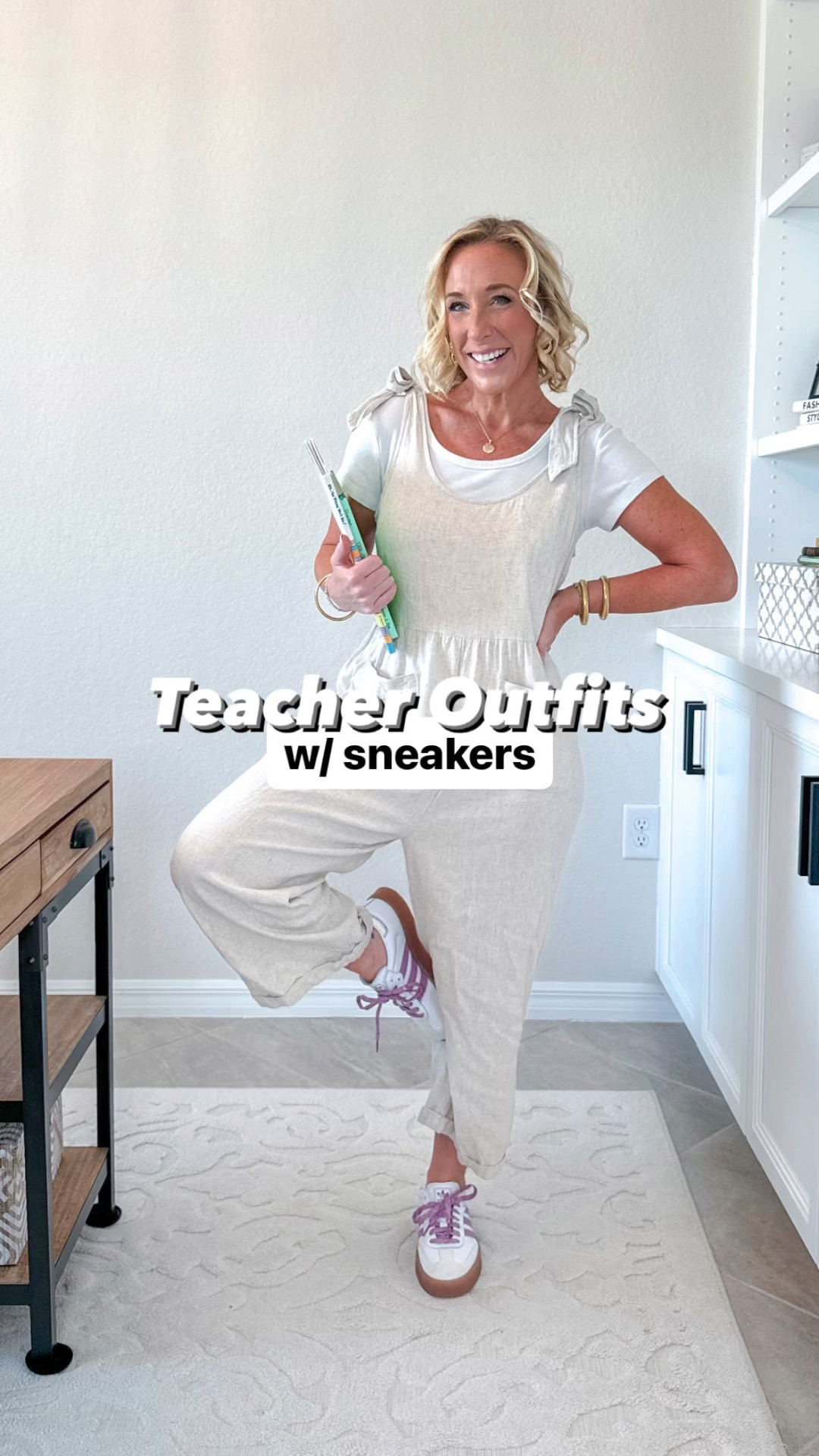 Teacher outfit w/ sneakers 👟:
1. Printed maxi skirt - size small // tee - size small // jean jacket is old // SNEAKERS - tts & the most comfortable. 
2. Brown smocked dress - size medium (unfortunately not available) // SNEAKERS - size down at least a 1/2, $19.98.
3. Shorter floral dress - size XS // bomber jacket - size XS.
4. Green eyelet shirt dress - size 2. Currently 50% off // SNEAKERS - size down. 
5. Navy trousers - size 2 (and I hemmed the regular length) // striped tee is old. 
6. Jumpsuit - size 2 // white t-shirt - size small.
7. Black wide leg pants - size small. Use code LESLIEXSPANX // tee - size small // SNEAKERS - tts  
