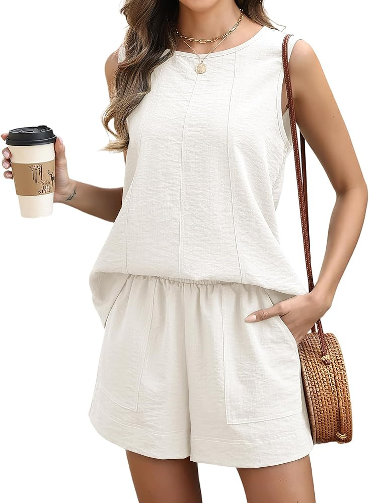 2 Piece Sets for Women Summer Linen Cotton Sleeveless Top and Shorts Elastic Waist Contrast Stitc... | Amazon (US)