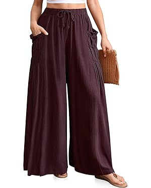 TARSE Women Linen Palazzo Pants Summer Wide Leg Boho Drawstring Casual Lounge Pant Beach Travel V... | Amazon (US)