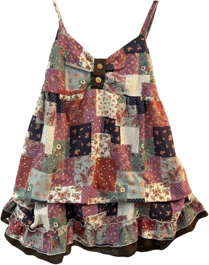 Coquette Cutecore Floral Spaghetti Strap Tank Top Boho Ruched Neck Babydoll Sleeveless Shirts Tee... | Amazon (US)