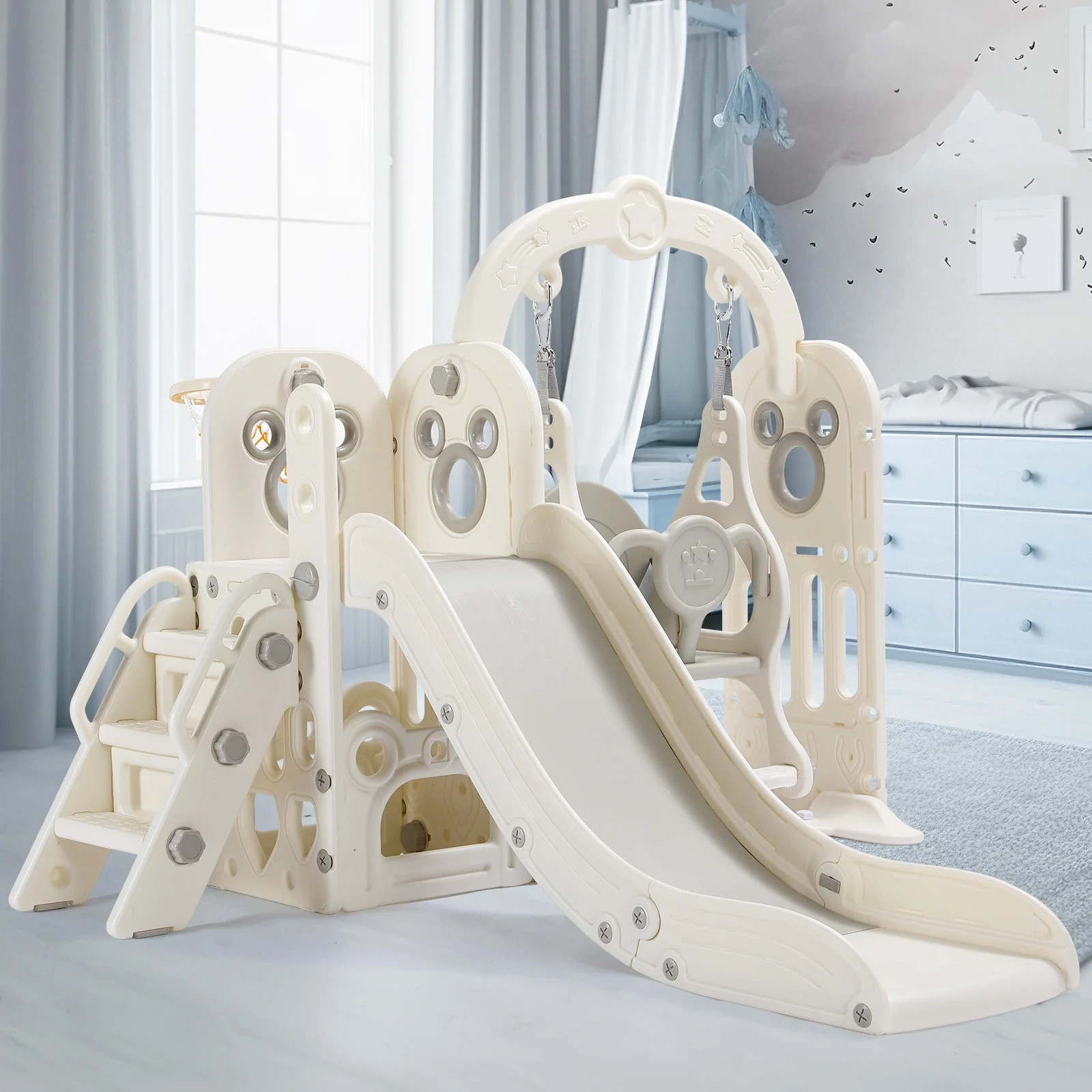 Arlopu Toddler Slide & Swing Set, Freestanding Kids Slide Climber Set w/ Basketball Hoop, Storage... | Walmart (US)