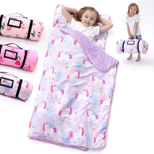 Nap Mat with Pillow Blanket Set: Purple Pink Unicorn Sleeping Mats for Toddler Kids - Thick Large Roll up Slumber Bag for Daycare Preschool Kindergarten Boys Girls | Amazon (US)