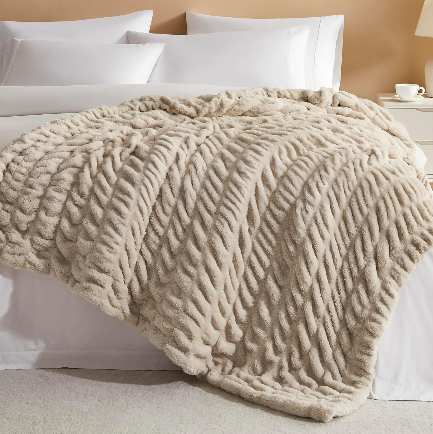 Double-Sided Ruched Faux Fur Throw Blanket, Oatmeal, 60" x 80" | Amazon (US)