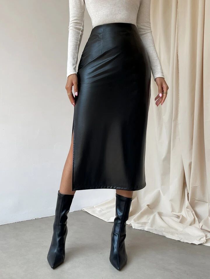 SHEIN Privé Split Thigh PU Skirt | SHEIN