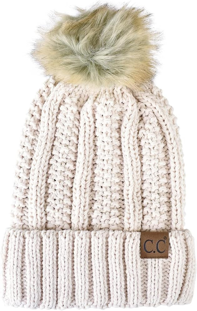C.C Thick Cable Knit Faux Fuzzy Fur Pom Fleece Lined Skull Cap Cuff Beanie | Amazon (US)