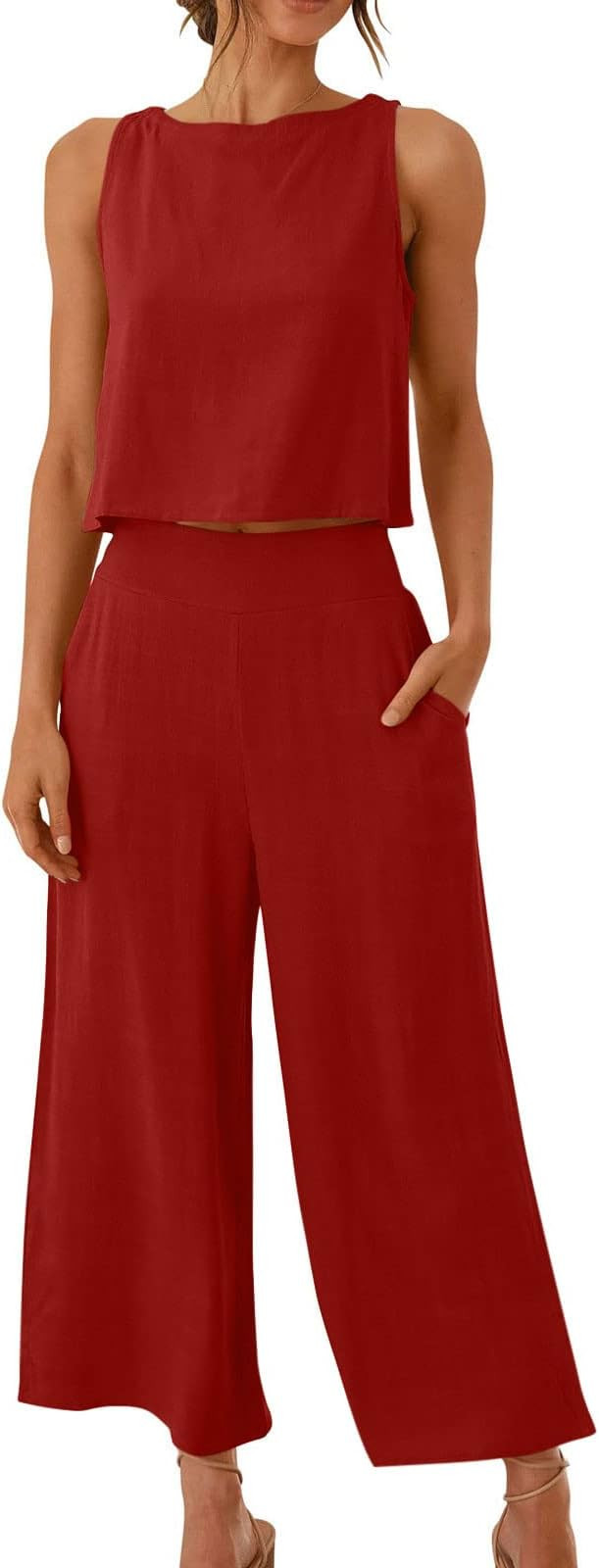 Linen Sets for Women 2 Piece Sleeveless Tank Crop Top Capri Wide Leg Pants 2026 Summer Lounge Bea... | Amazon (US)