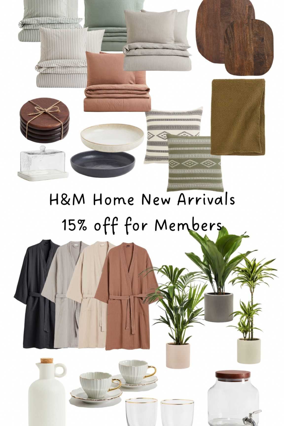 H&M home, new arrivals, duvet cover, muslin, plants, pasta bowls, chopping board, mango wood, 15% off members, home interior