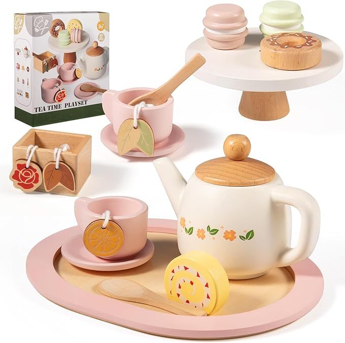 Wooden Tea Set for Little Girls, 19pcs Tea Party Playset with Teapot, Tea Cups, Dessert Stand, Ma... | Amazon (US)