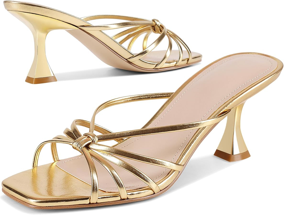 Kitten Heel Sandals for Women Mules Strappy Square Open Toe with Knotted Design Low Heel Slip On ... | Amazon (US)