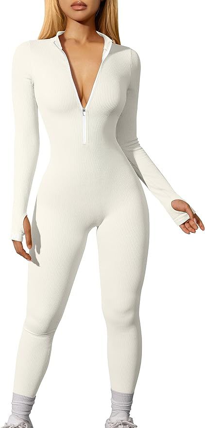 OQQ Women Yoga Jumpsuits Workout Ribbed Long Sleeve Zip Front Sport Jumpsuits | Amazon (US)