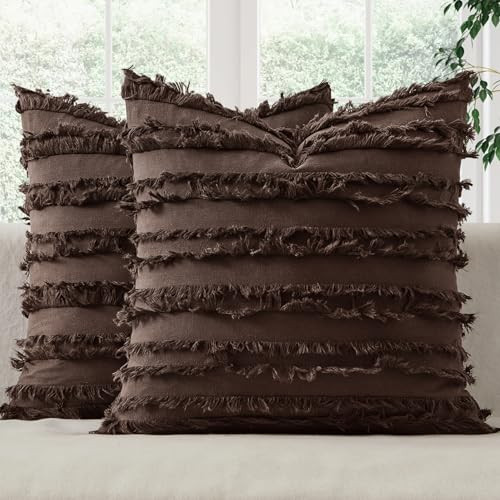 MIULEE Boho Linen Striped Throw Pillow Covers 20x20, Dark Brown | Amazon (US)