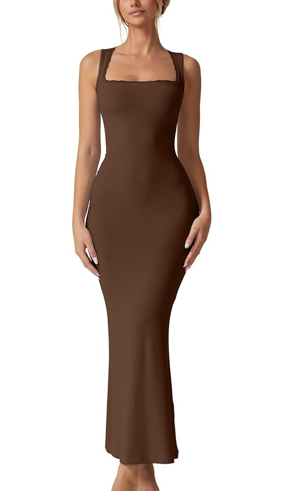 QINSEN Women's Square Neck with Lace Detail Long Maxi Dress Sleeveless Lounge Ribbed Full Length ... | Amazon (US)