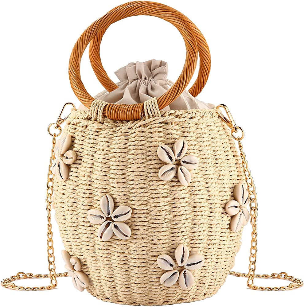 NIBD Flower Pearls Rattan Tote Bag Summer Beach Drawstring Straw Bucket Bag Diamonds Woven Handba... | Amazon (US)