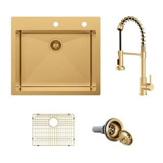 25 in. Drop-In Single Bowl 18-Gauge Gold Stainless Steel Kitchen Sink with Spring Neck Faucet | The Home Depot
