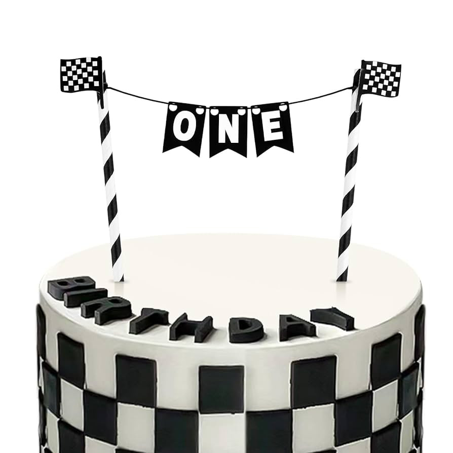 Race Car Cake Topper, Black and White Checkered Race Flag Cake Topper Banner Fast One Birthday Pa... | Amazon (US)