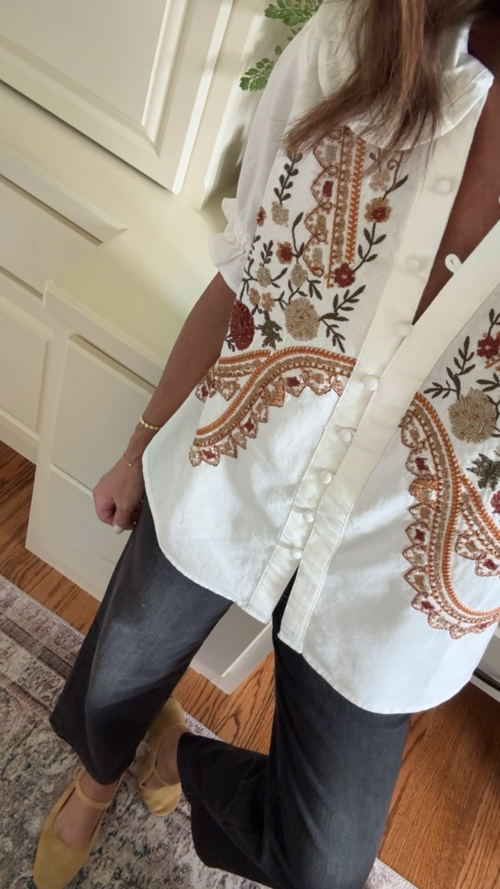 Early Fall style. Embroidered blouse. Slim wide faded black jeans. Yellow suede flats. 
Blouse S. Jeans down 1 size, 24.

#LTKootd #LTKOver40 #LTKSeasonal