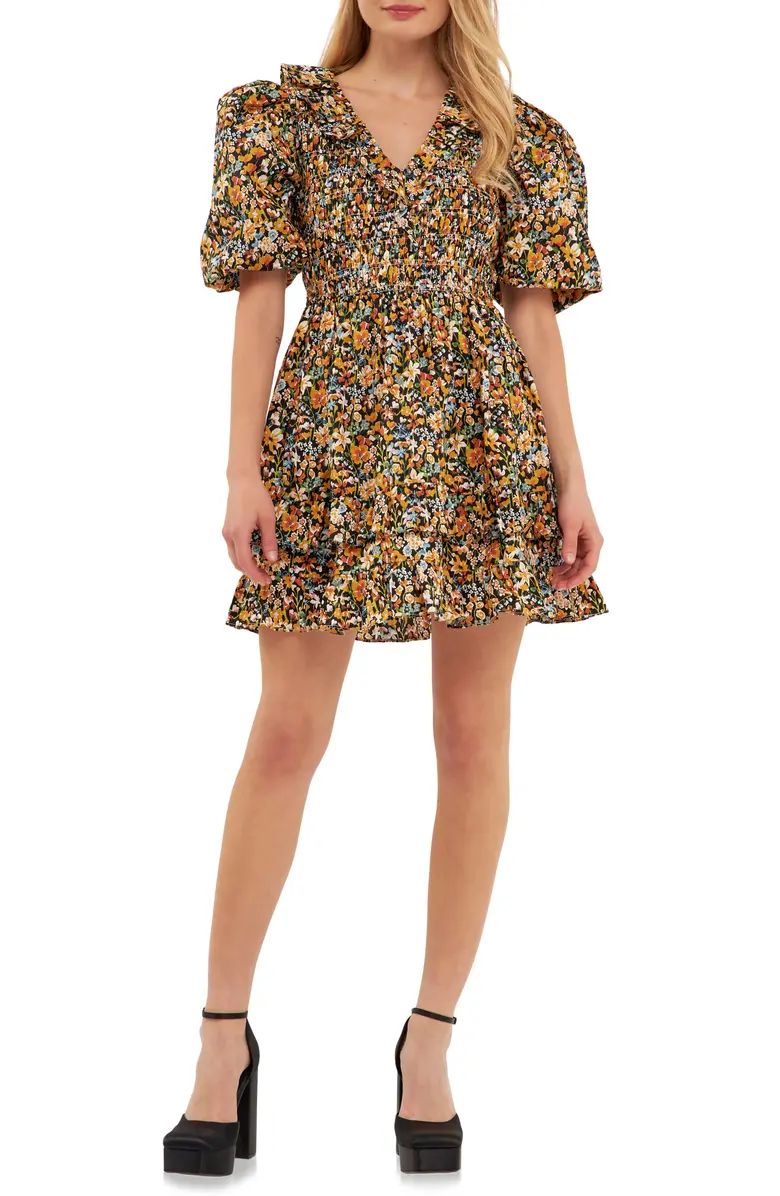 Floral Ruffle Trim V-Neck Cotton Minidress | Nordstrom