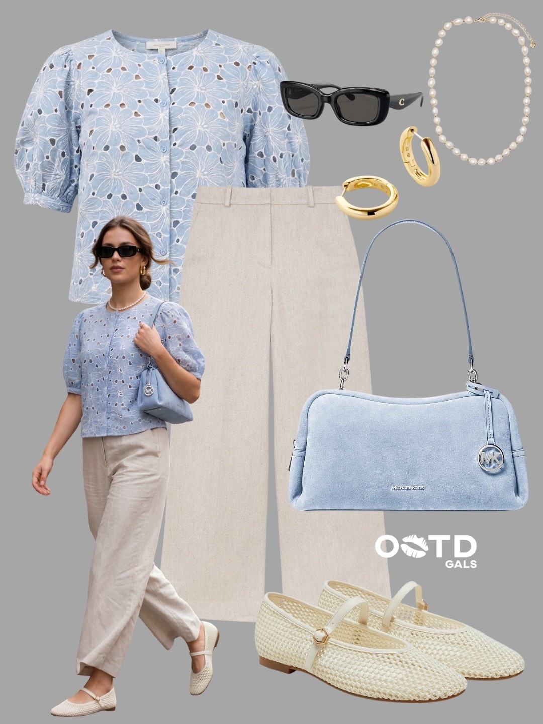 Soft blue and creamy neutrals create the prettiest elegant summer combination 💙✨

This outfit feels polished, feminine, and effortlessly chic while still staying comfortable and easy to wear.

✨ Style Details:
• Light blue embroidered eyelet blouse with soft puff sleeves  
• Relaxed cream wide-leg trousers for an airy refined silhouette  
• Baby blue shoulder bag adding a delicate pop of color  
• Cream woven Mary Jane flats for a romantic vintage-inspired touch  
• Pearl necklace and gold jewelry bringing timeless elegance  

The soft pastel palette makes this look feel fresh, graceful, and perfect for daytime outings, cafés, or summer city walks ☁️

#ElegantStyle #SummerFashion #SoftGirlStyle

#LTKsummer #LTKstyletip #LTKeurope