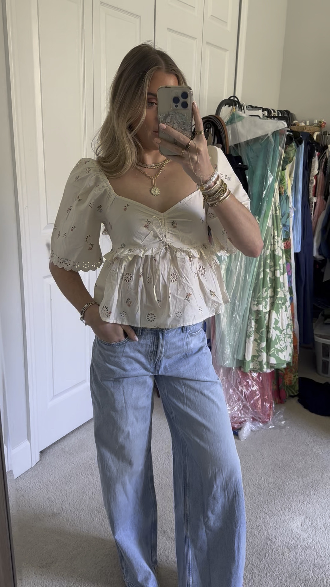 American Eagle. AE Flutter Sleeve Eyelet Babydoll Blouse in size XS. A gorgeous top that's perfect for a classy, femme look, featuring floral eyelet details. AE Strigid Low-Rise Ultra Wide-Leg Jean size 00. A slouchy low-rise fit, made with an ever wider leg to ace that effortless look. a big ole box of new American Eagle goodies the perfect pieces for spring and summer fashion I cannot wait to mix and match to create different outfits 😌💓 I am 5’4 and size 25 waist for reference. If you want to see a try on, LET ME KNOW!!! @American Eagle 

#americaneagle #americaneaglehaul #springfashion #springstyle #summerstyle #summerfashion #tryonhaul #tryon #tryonwithme #trendyoutfits #trendyclothes #styleinspo #trending #currentfashiontrend #fashiontrends #aerienewarrivals #americaneagleshorts #americaneagletryon #aegifted #aejeans spring fashion, spring style, American Eagle, American Eagle try on haul, new arrivals, summer fashion, warm weather outfits, AE jeans, jeans for summer. 

#LTKFindsUnder50 #LTKWatchNow #LTKSaleAlert