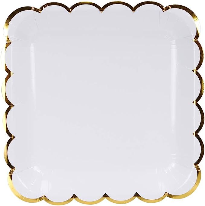 Geeklife Juego de platos de papel blanco, platos de fiesta de papel dorado con borde dorado metá... | Amazon (US)