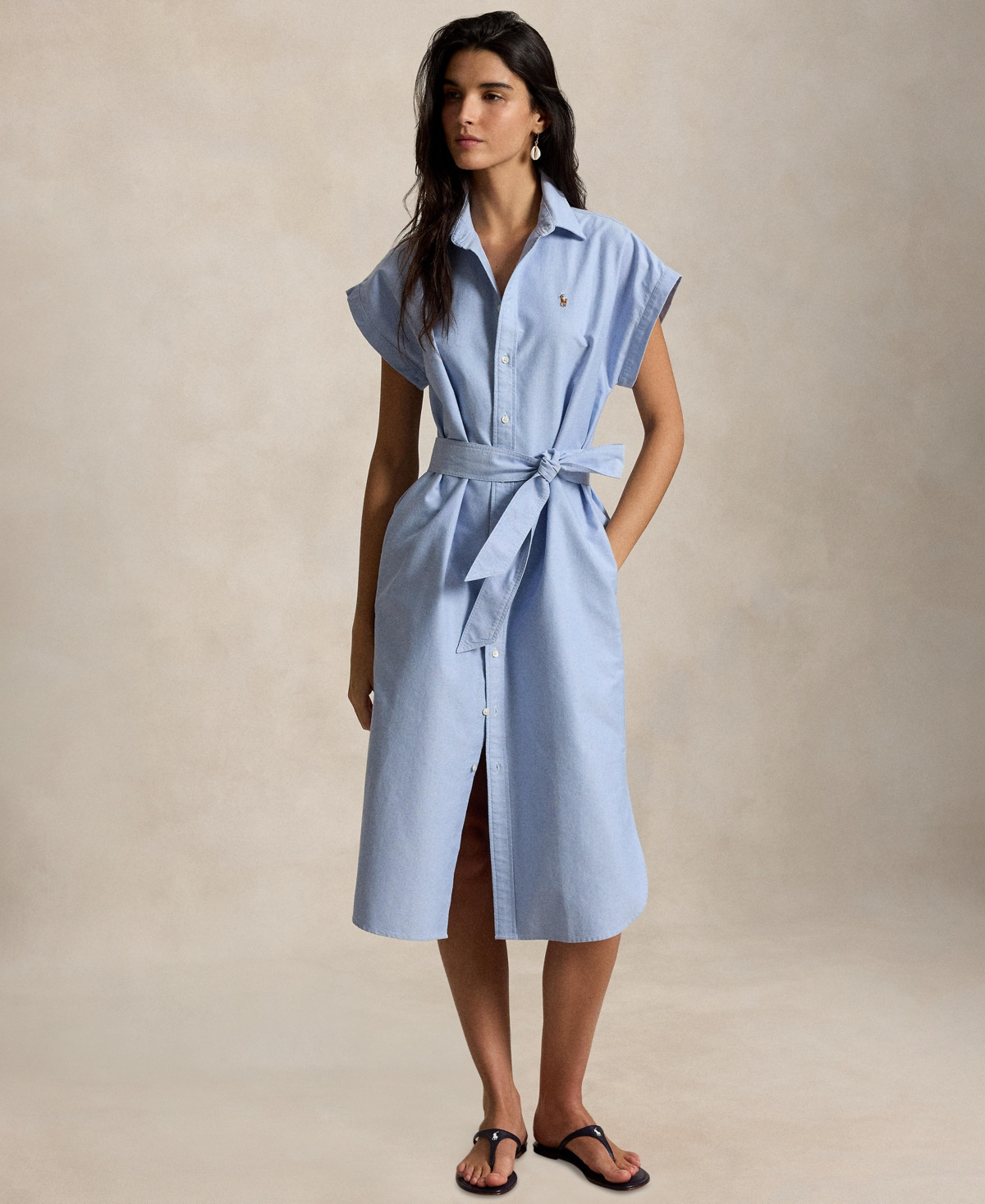 Polo Ralph Lauren Women's Point Collar Cap-Sleeve Belted Shirt Dress - Blue Shadow Rose Blue | Macy's