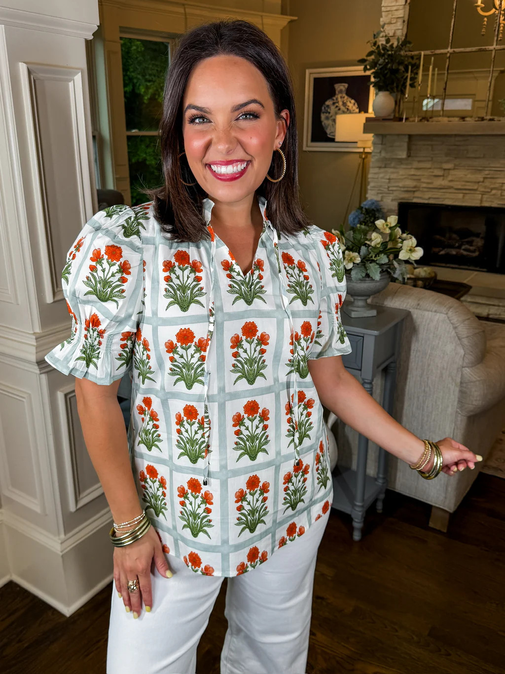 Blooming Grid Orange & Green Blouse | Jules & James Boutique