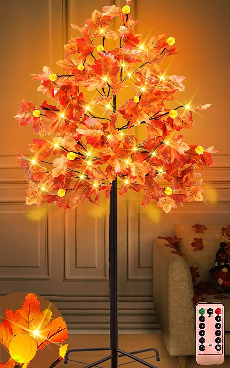 Amazon.com: TURNMEON 6 Ft Lighted Prelit Maple Tree Fall Decor 120 Warm White LEDs Pumpkin Lights... | Amazon (US)