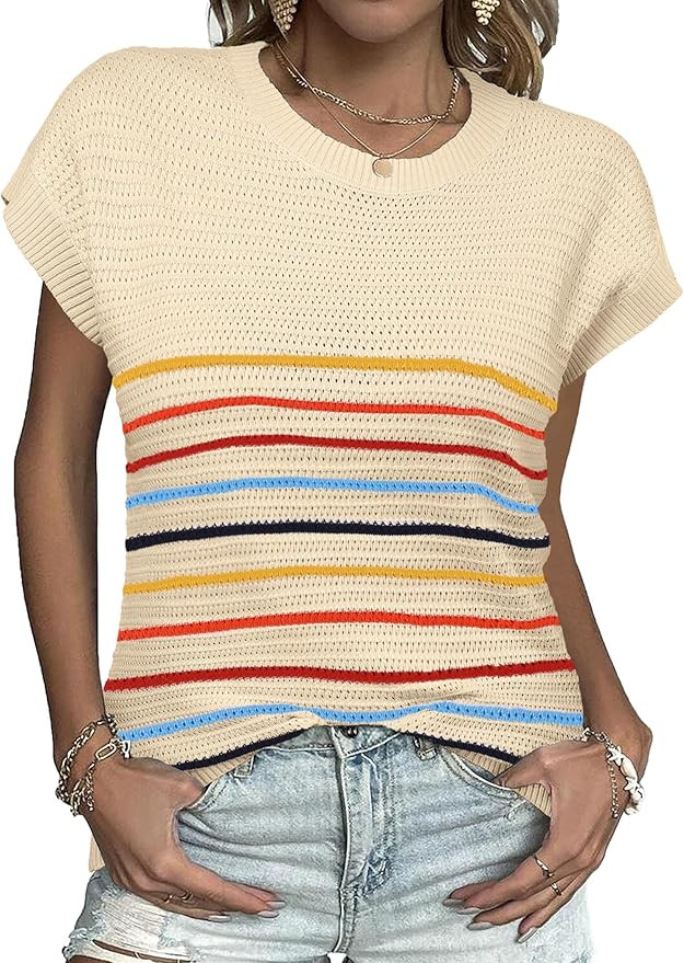 Zeagoo Women's Cap Sleeve Sweaters Vest Crew Neck Knit Sweater Tops 2025 Casual Summer Sleeveless... | Amazon (US)
