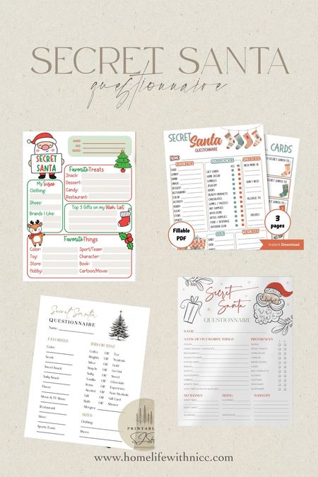Y’all these adorable questionnaires would be great for you Secret Santa events this year!! The bundle is perfect for offices, schools, work buddies etc, and the top left is great for kids!! We’re using it for my son’s soccer team this year 🥰🥰
They’re all instant downloads and printable!! Merry Christmas!! #secretsanta #holidayfinds #christmasshopping 

#LTKSeasonal #LTKGiftGuide #LTKHoliday
