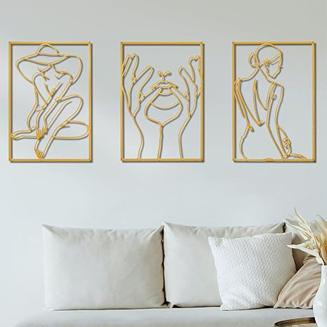 Gold Wall Decor Set of 3，0.12'' Thicker Real Metal Modern Gold Wall Art, Minimalist Abstract Fe... | Amazon (US)
