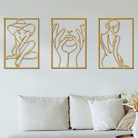 Gold Wall Decor Set of 3，0.12'' Thicker Real Metal Modern Gold Wall Art, Minimalist Abstract Fe... | Amazon (US)