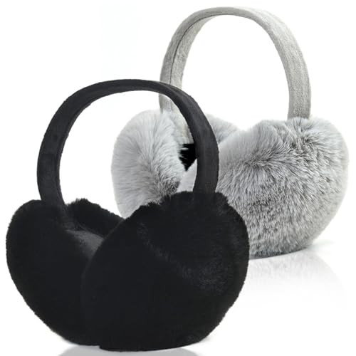 Fsmiling Winter Ear Muffs For Women Fuzzy Earmuffs Adjustable Ear Warmer Foldable,2 Pack,Grey/Black | Amazon (US)