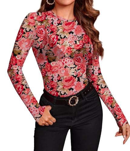 Mesh Long Sleeve Tops for Women Sheer Undershirt Sexy Tops Slim Fitted Lace Shirts Trendy Crewneck Elegant Blouses Outfits Red Floral Print M | Amazon (US)