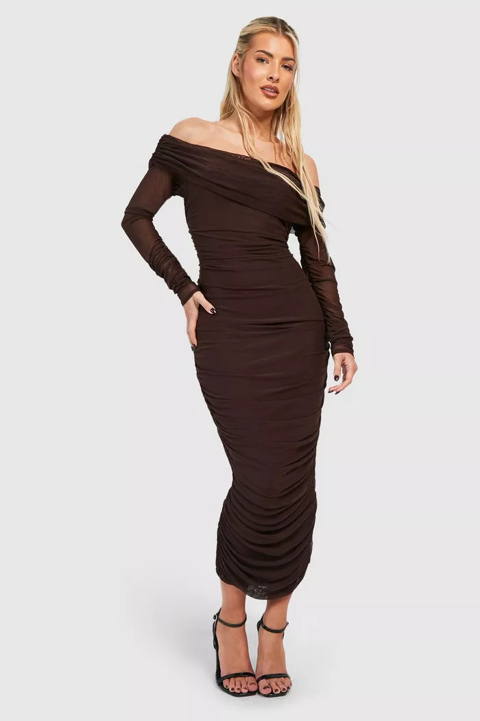 Rouched Mesh Bardot Midaxi Dress | Boohoo.com (UK & IE)