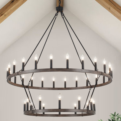Bralen 36 - Light and 40 - Light 2-Tiers Large Dimmable Wagon Wheel Chandelier Farmhouse Round Vintage Candle Style Dining Room Chandelier | Wayfair North America