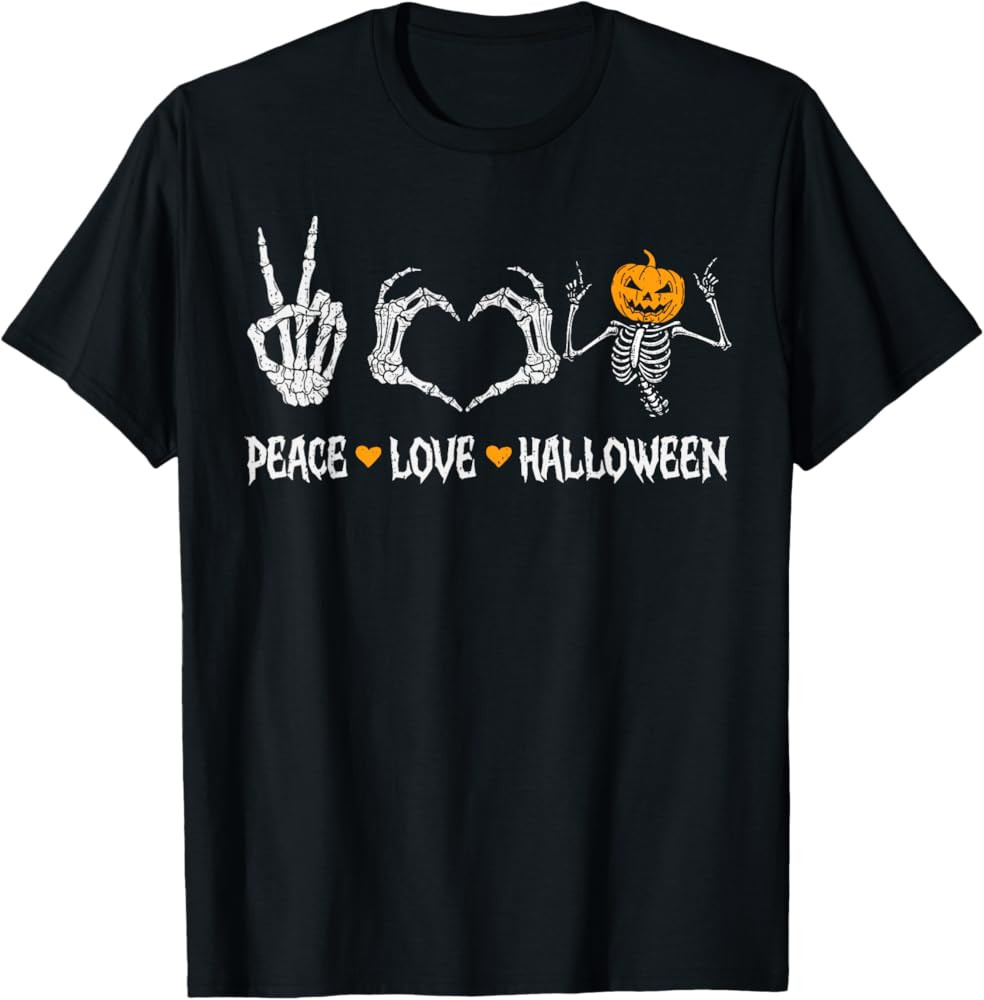 Peace Love Halloween Pumpkin Skeleton Spooky Men Women Kids T-Shirt | Amazon (US)