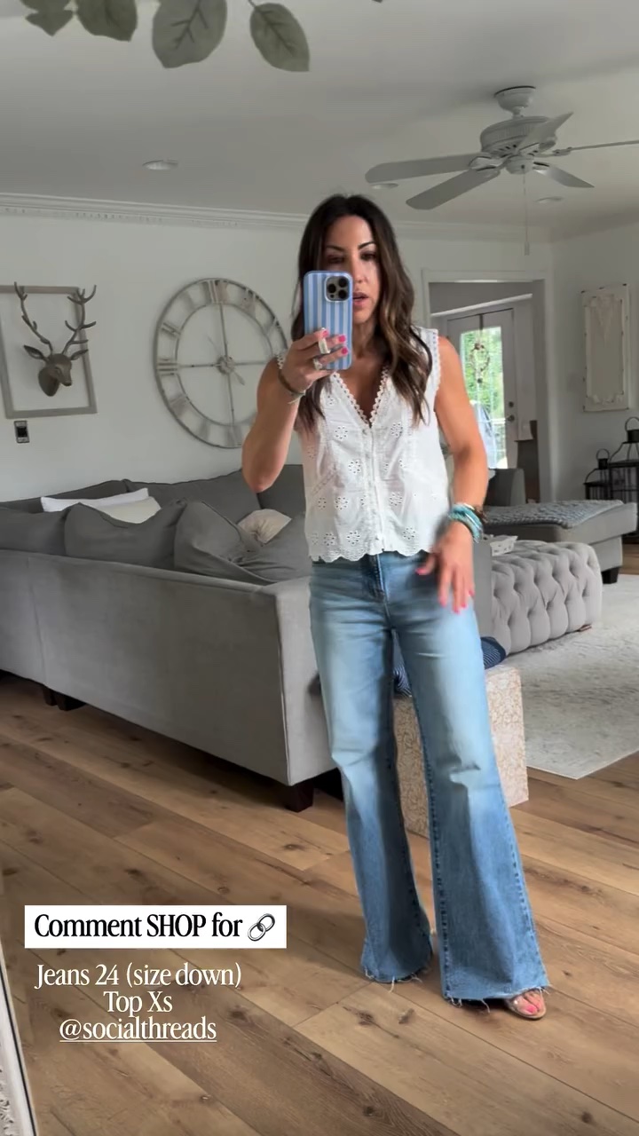 Wide leg jeans I sized down to a 24. Xs eyelet tank top.

#LTKOver40 #LTKPetite