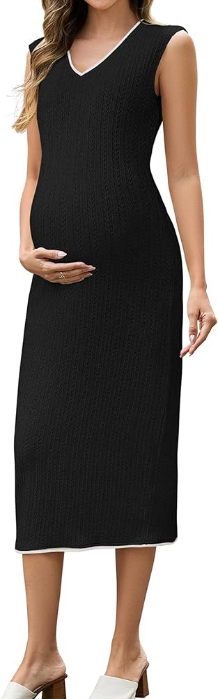 OUGES Womens 2025 Summer V Neck Maternity Dress Sleeveless Casual Bodycon Cable Knit Midi Dress P... | Amazon (US)