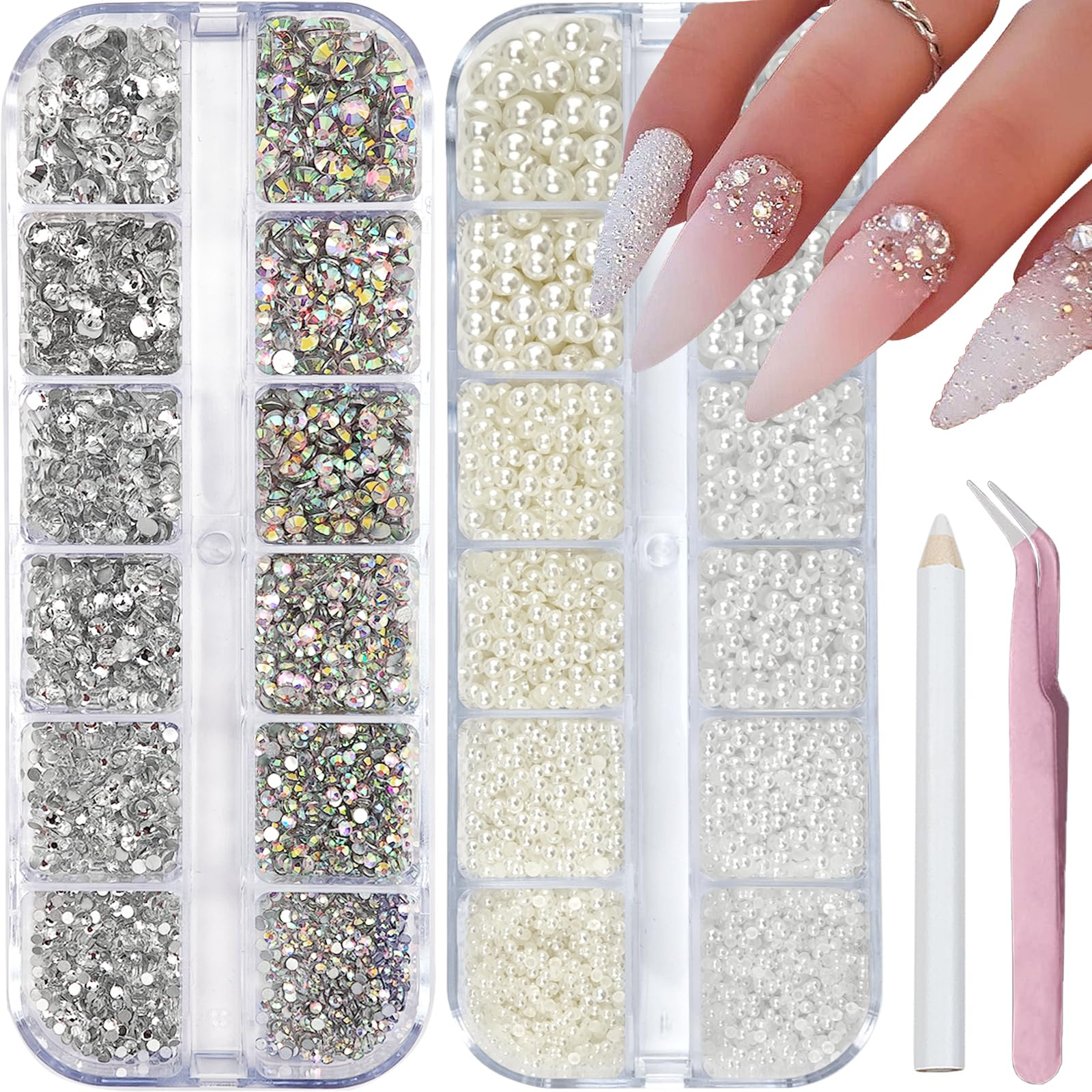 Clear Nail Art Rhinestones Charms Flatback Nail Pearls Rhinestones Mixed Size Nails Gems White Be... | Amazon (US)
